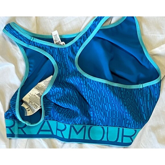 Under Armour Sports Bra Racerback Wireless Compression Heatgear Spellout Blue XL - Picture 4 of 4